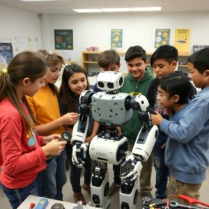 Children surround and interact with a large robot